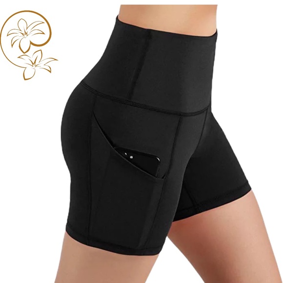 Pants - High Waisted  biker Yoga Running Shorts Black